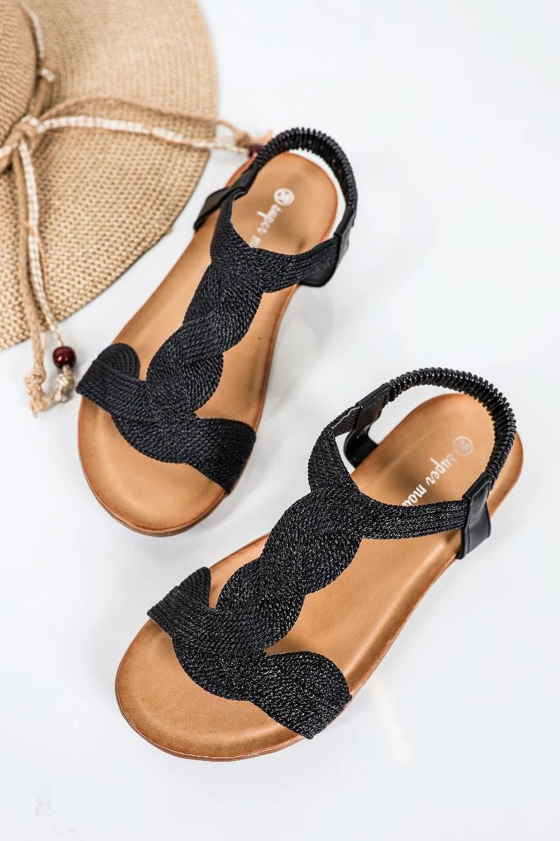 Sandales femmes plates tressées confort, Noir – VERA COLLECTION