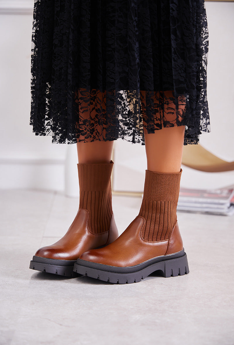 Boots Chelsea camel plateforme, tige façon chaussette