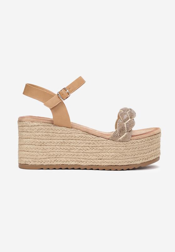 Sandales femme plateforme compensée et brides strass tressées, Camel