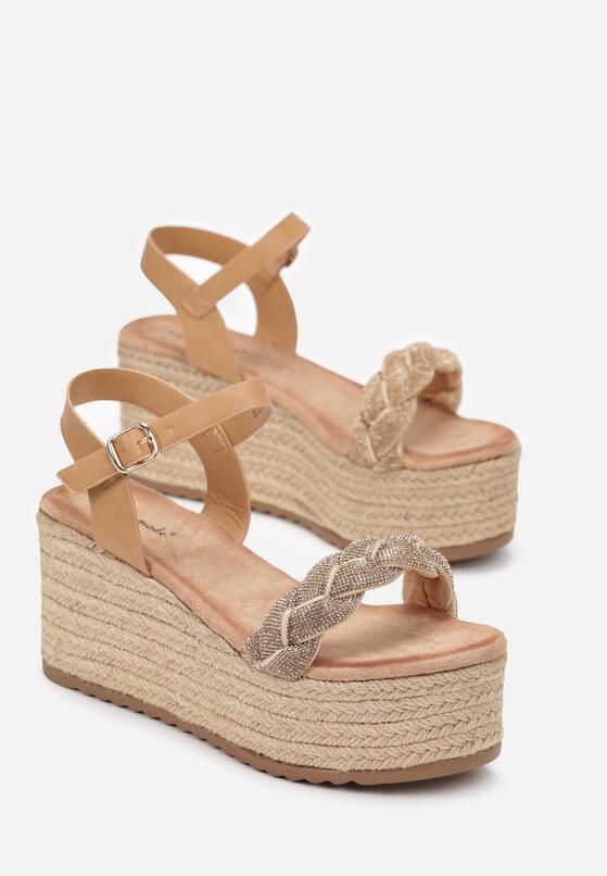 Sandales femme plateforme compensée et brides strass tressées, Camel
