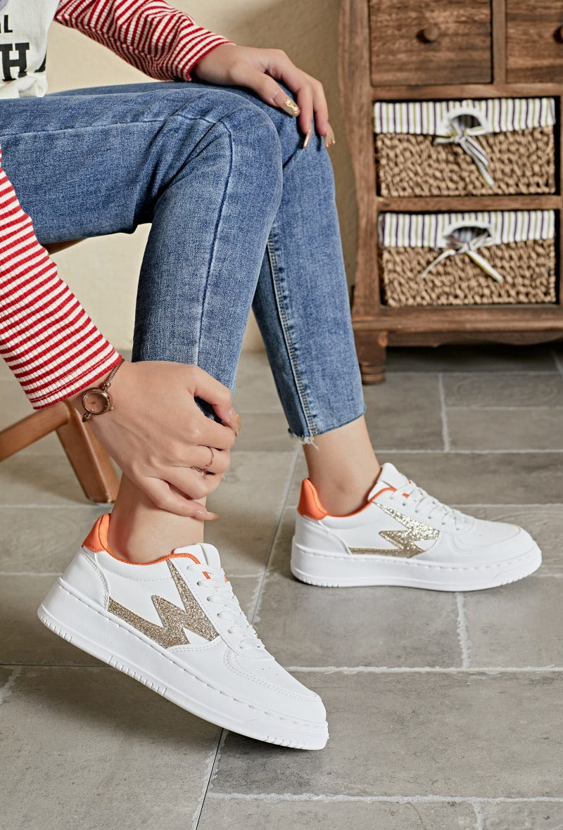 Baskets femmes basses à lacets, Blanc/Orange