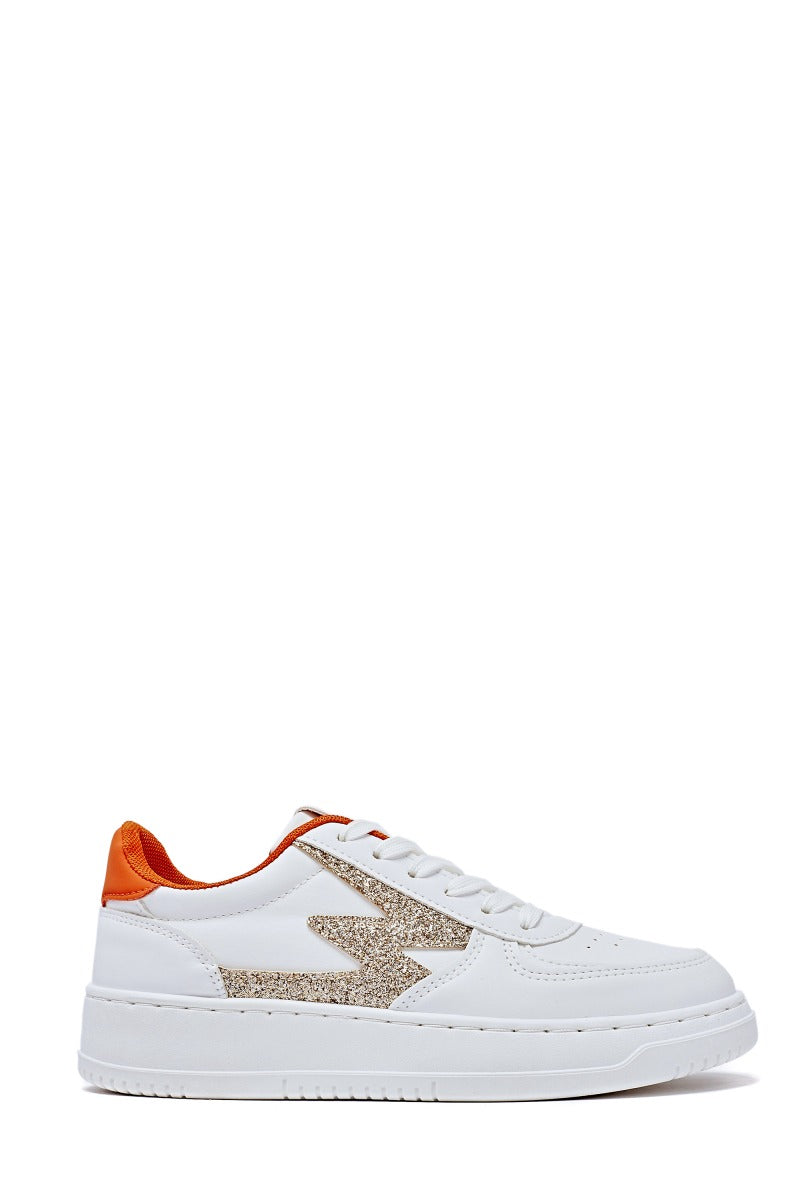 Baskets femmes basses à lacets, Blanc/Orange