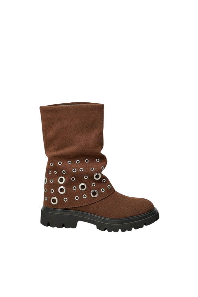 Biker boots guêtre plateforme ornées d'œillets, Marron
