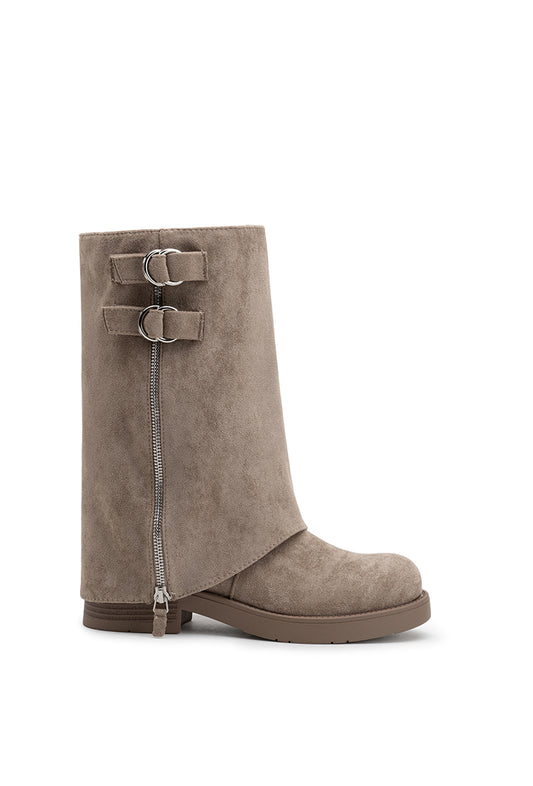 Bottes Mi-Hautes à Revers en Suédine, Taupe
