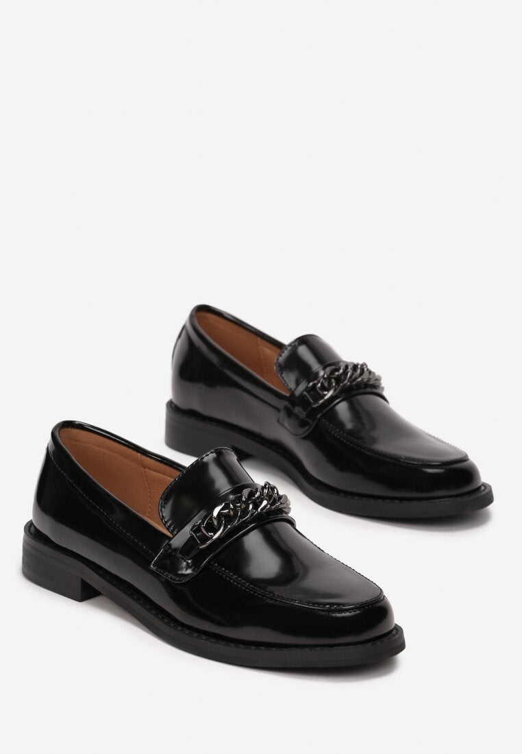 Loafer Mocassin Femmes Plates avec chaine Noir Verni