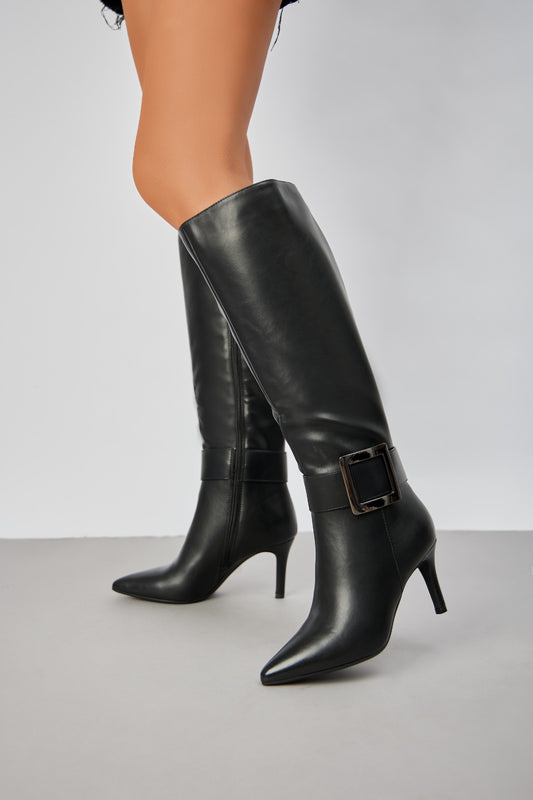 Bottes à bout pointu à talon aiguille avec grande boucle, Noir