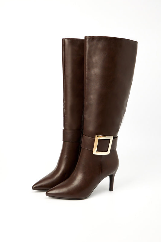 Bottes à bout pointu à talon aiguille avec grande boucle, Marron