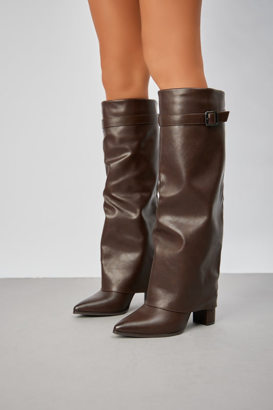 Bottes guêtres à talon carré et bout pointu, Marron