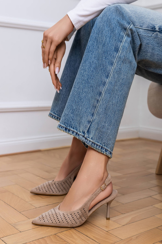 Escarpins slingback ajourée talon aiguille, Taupe