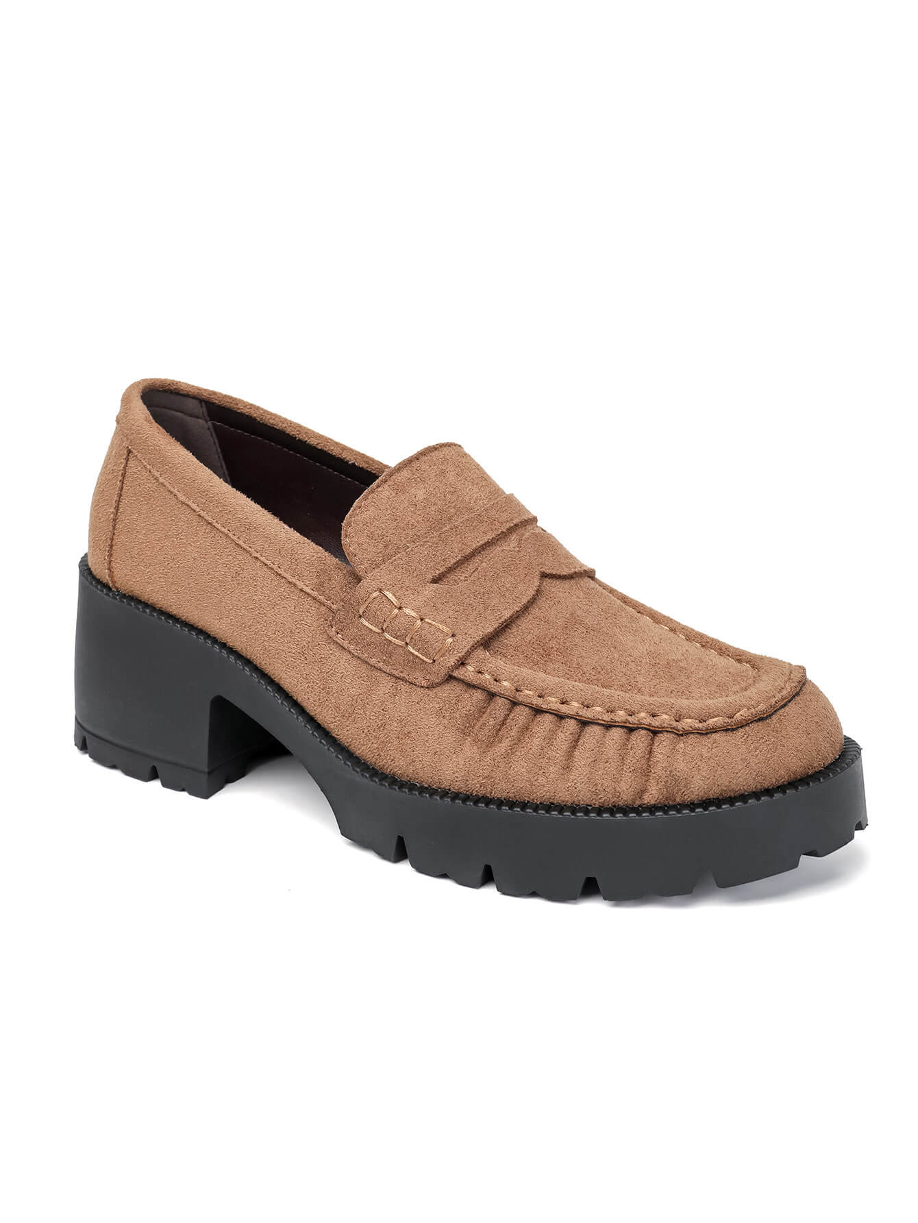 Mocassins à Talon et Semelle Crantée en Suédine - camel