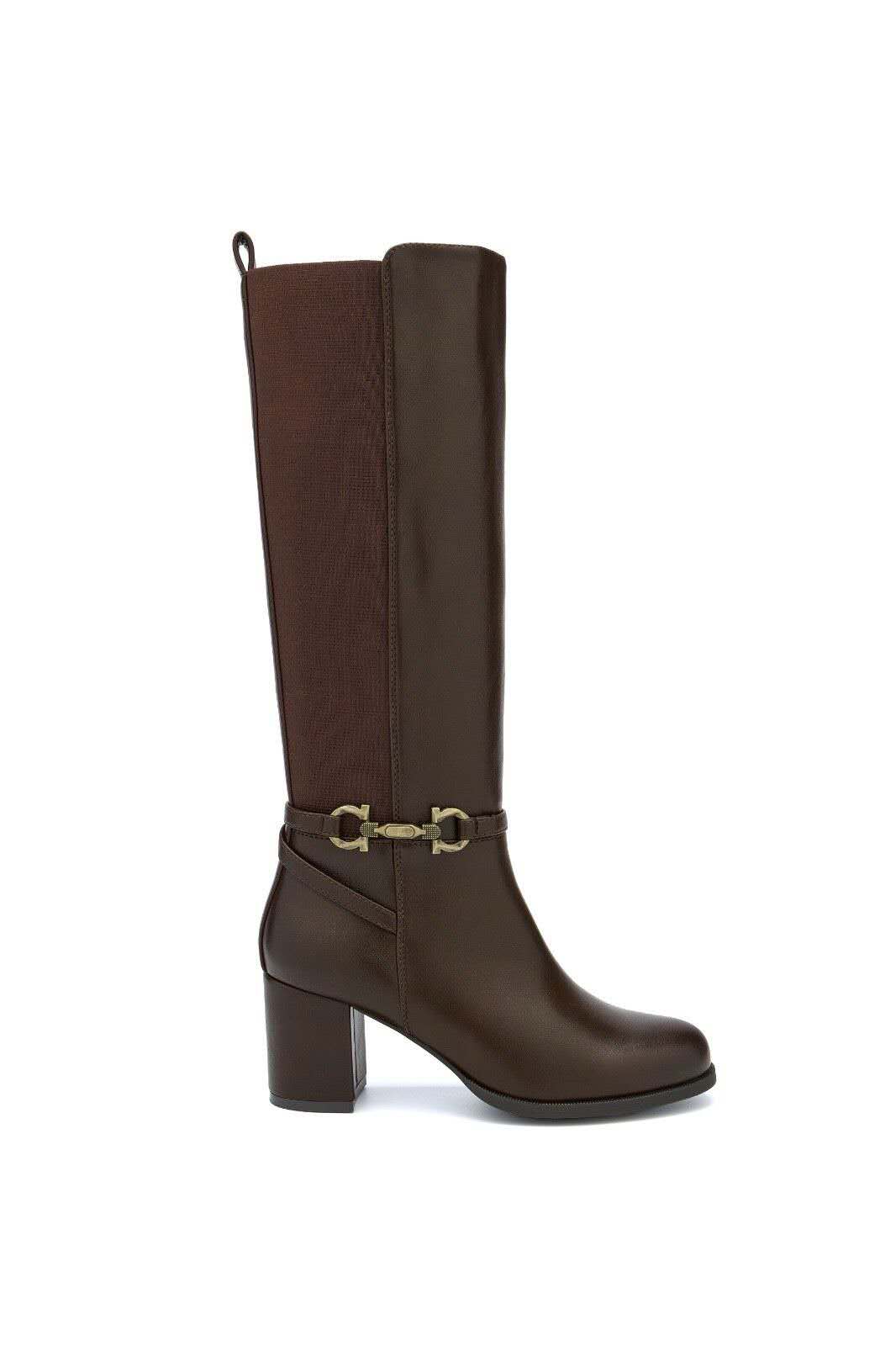 Bottes hautes à détail mors équestre et talon bloc - marron