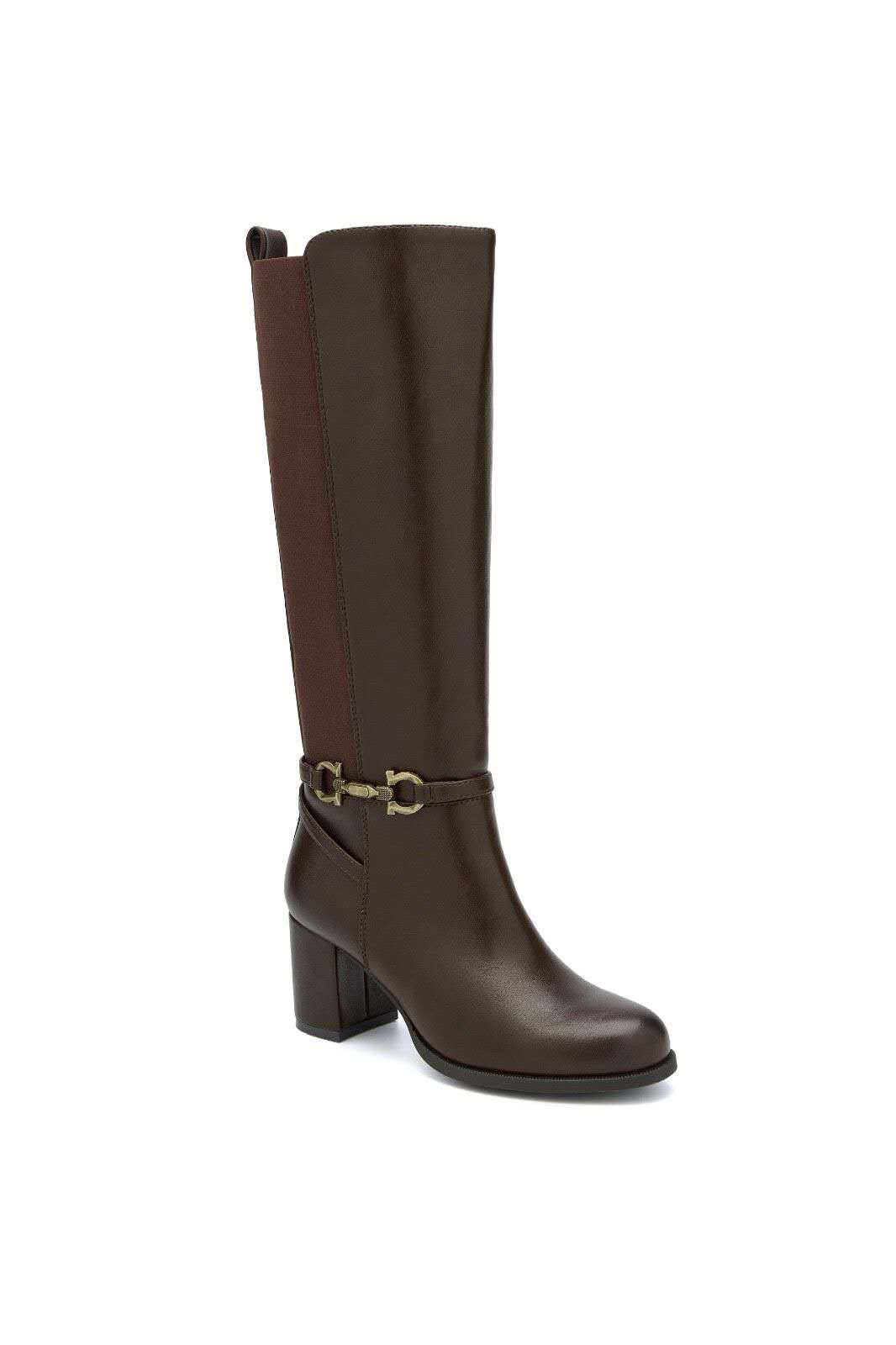 Bottes hautes à détail mors équestre et talon bloc - marron