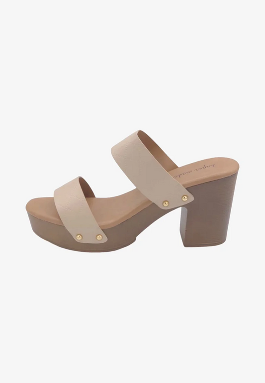 Mules femme plateforme à talon carré et larges brides, Beige