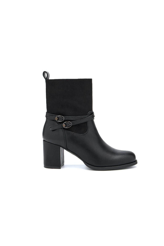 Bottines bi-matières à talon et brides croisées bouclées - noir