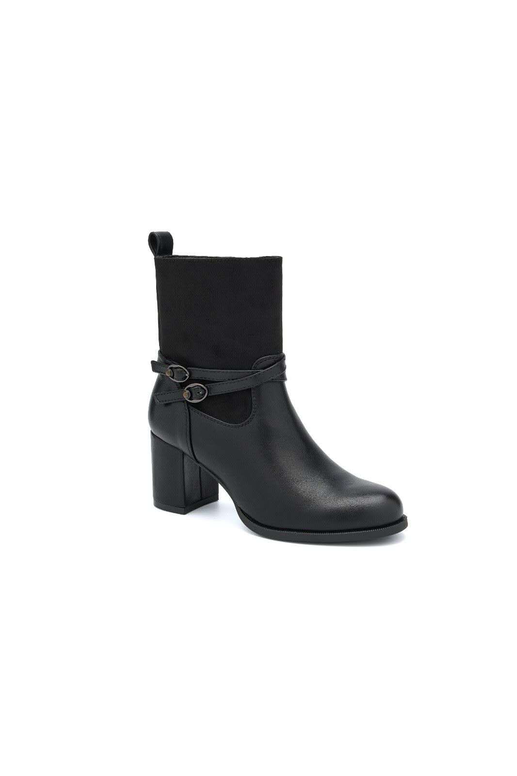 Bottines bi-matières à talon et brides croisées bouclées - noir