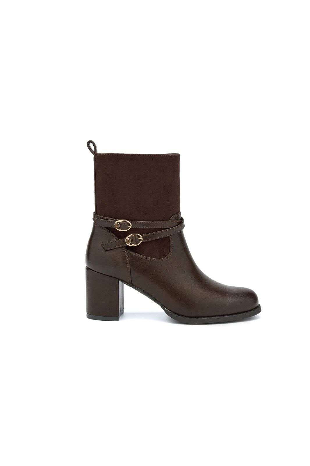 Bottines bi-matières à talon et brides croisées bouclées - marron