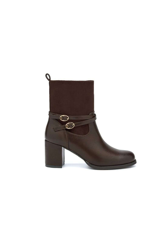 Bottines bi-matières à talon et brides croisées bouclées - marron