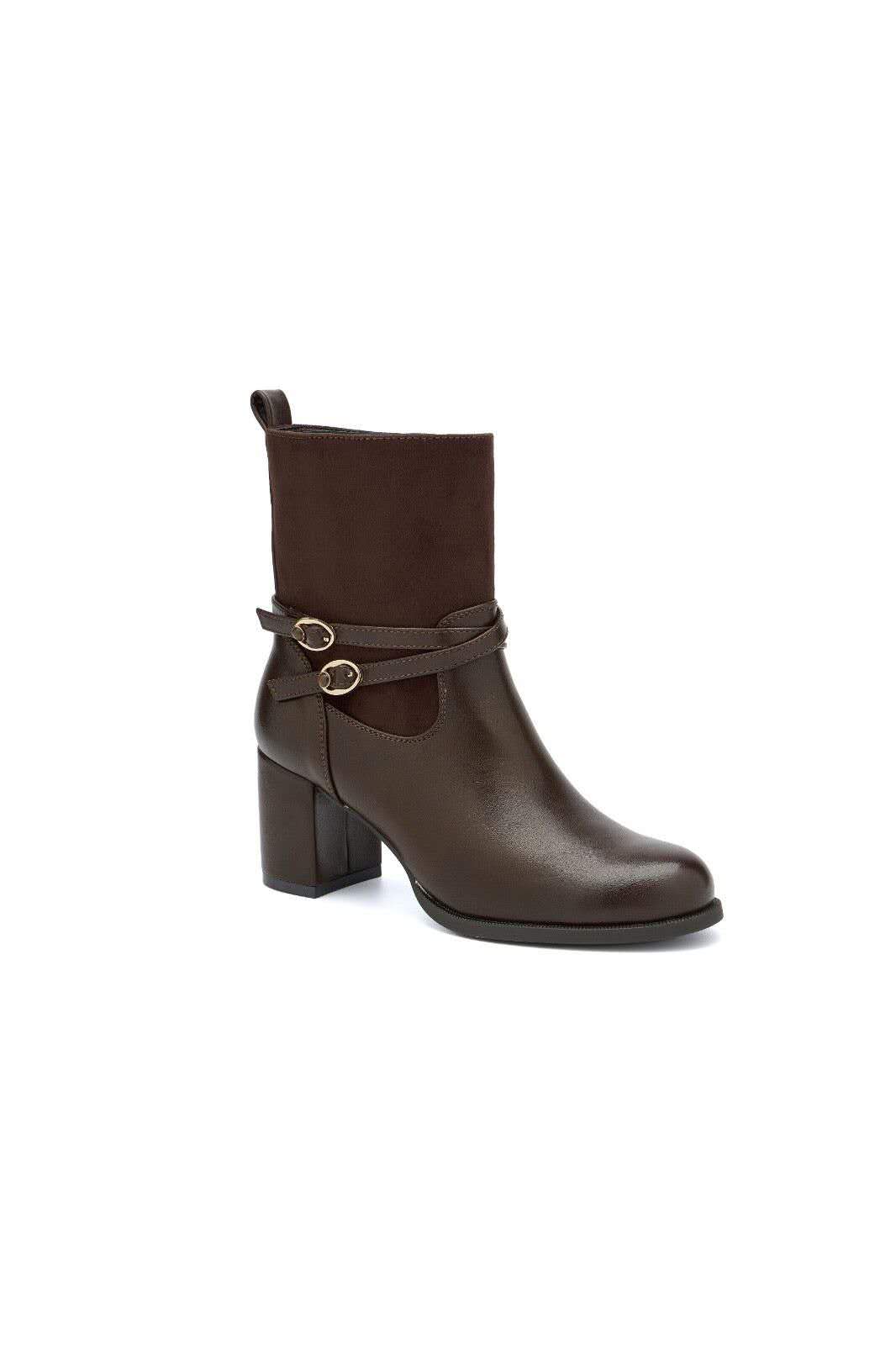 Bottines bi-matières à talon et brides croisées bouclées - marron
