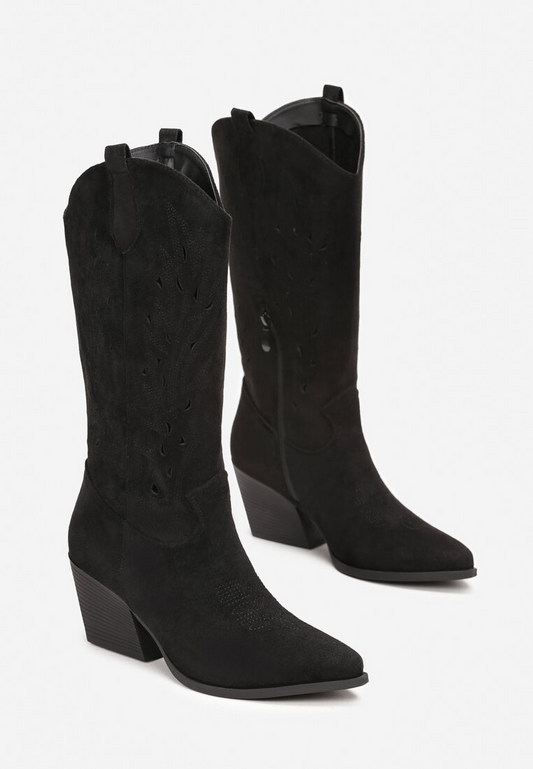 Bottes Santiags mi- mollet ajourée, Noir