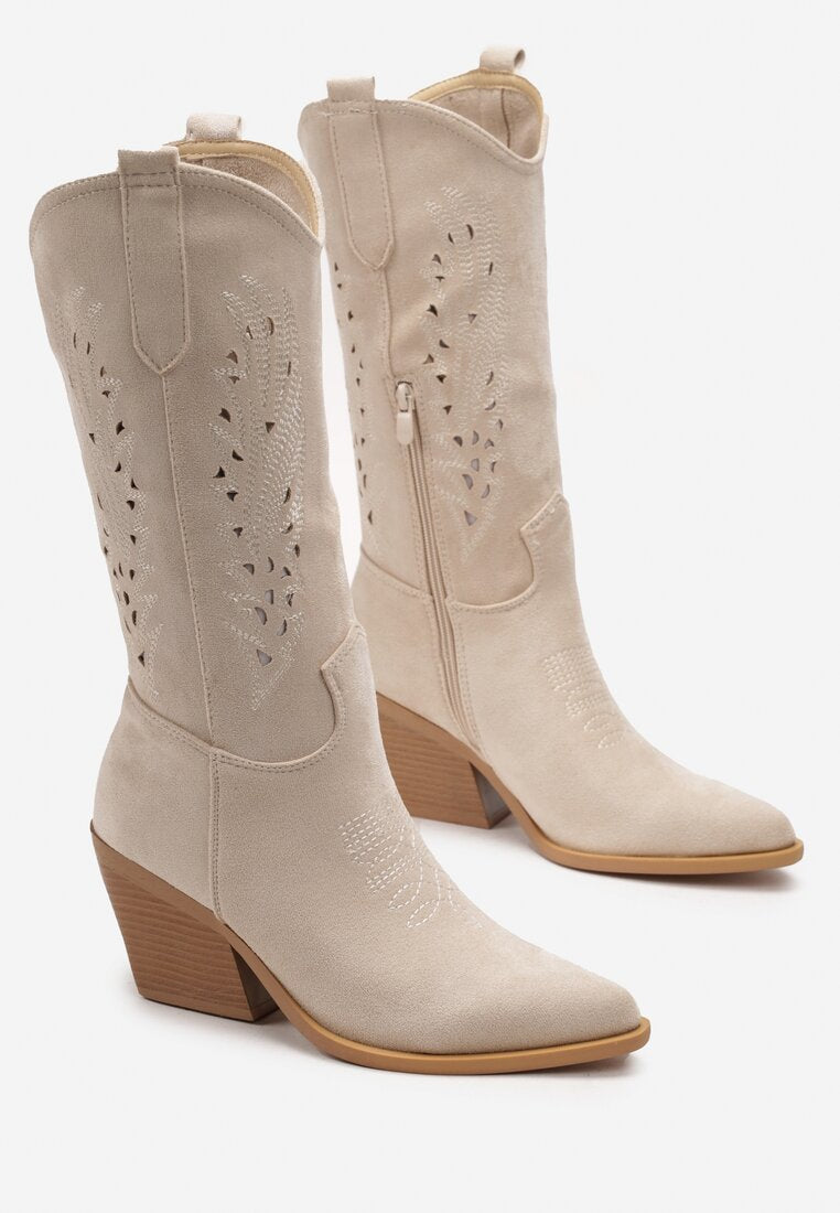 Bottes Beige Mi Bottes Femme Cuir Bottes Santiags Mi- Mollet
