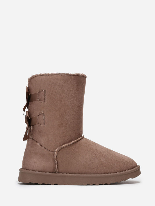 Bottines femmes fourrées plates avec nœuds, Taupe