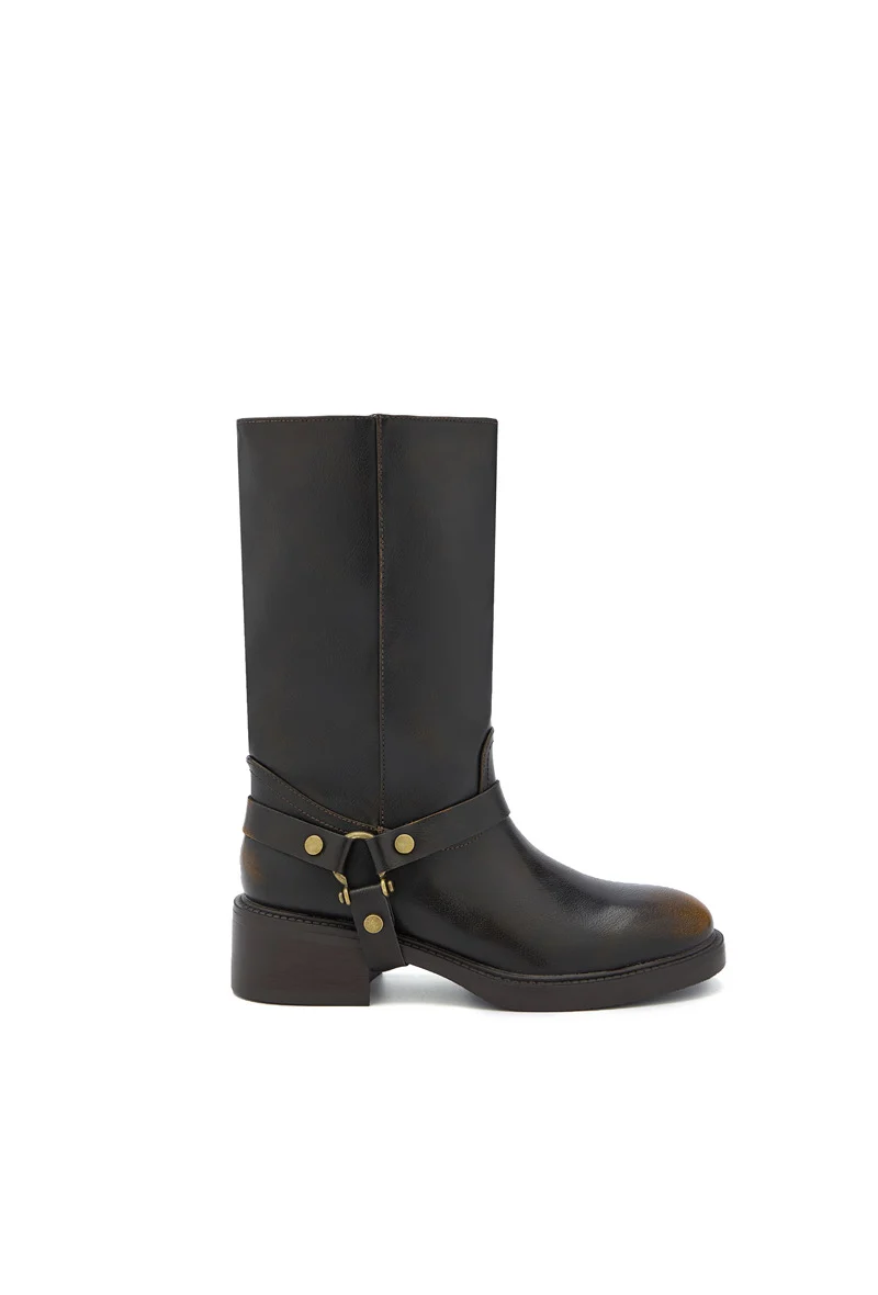 Boots Mi-Hautes Style Biker à Harnais Amovible - brown