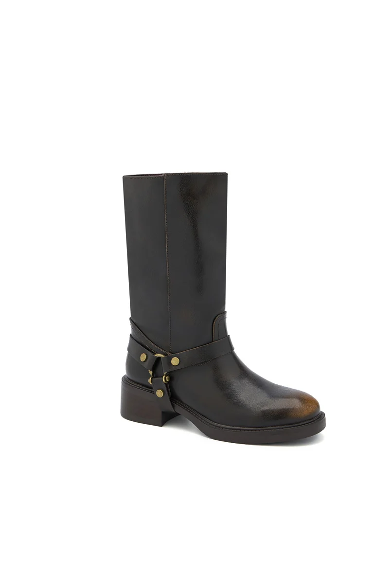 Boots Mi-Hautes Style Biker à Harnais Amovible - brown