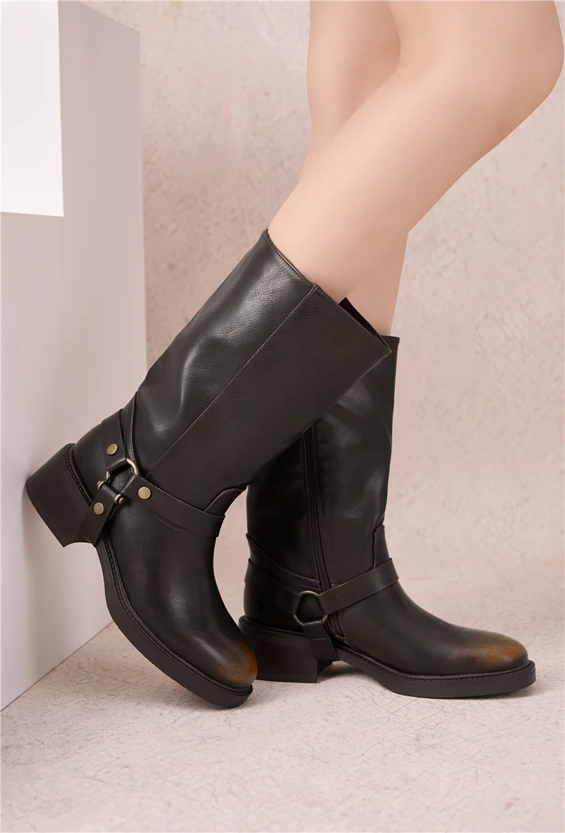 Boots Mi-Hautes Style Biker à Harnais Amovible - brown