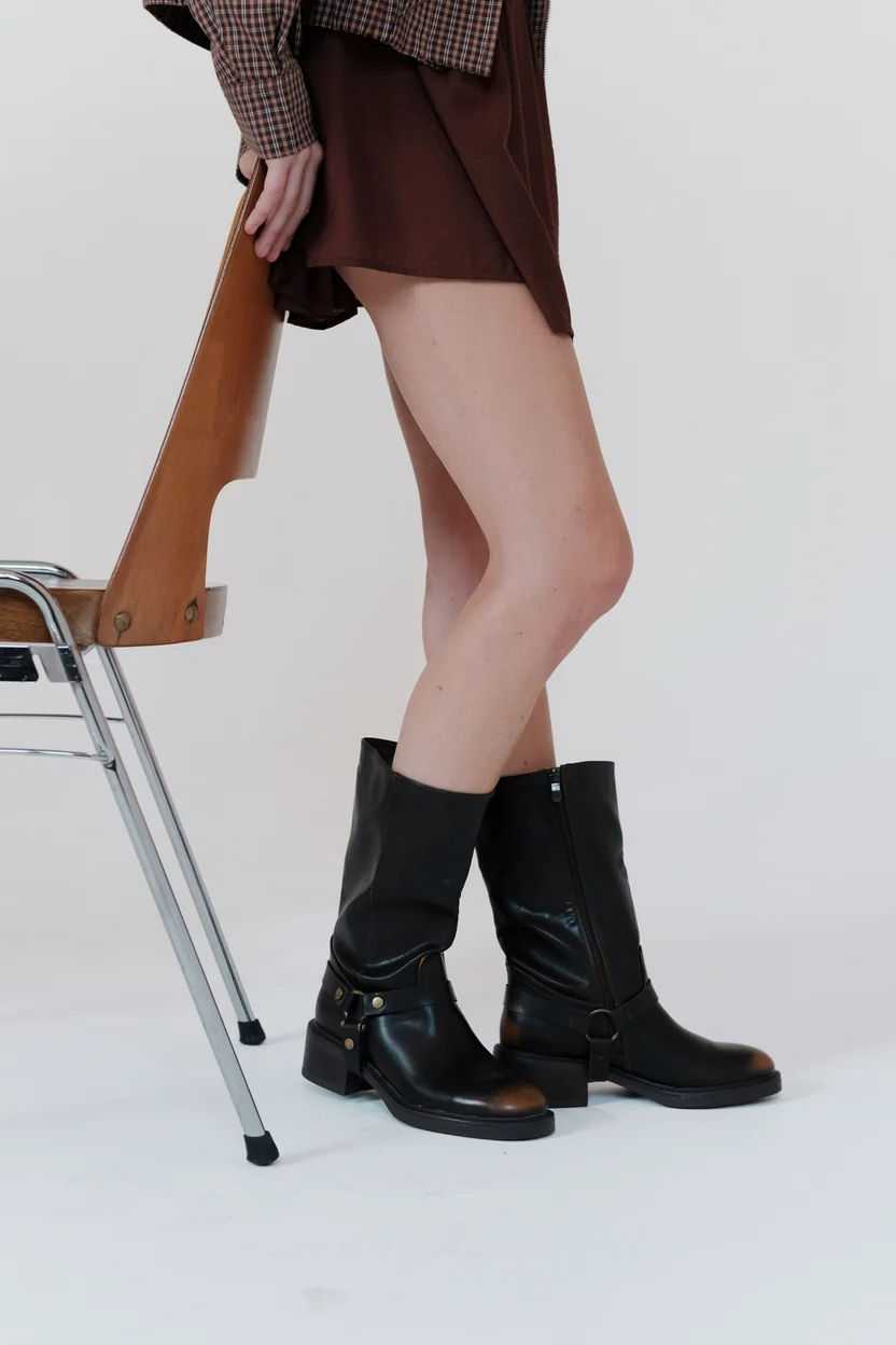 Boots Mi-Hautes Style Biker à Harnais Amovible - brown