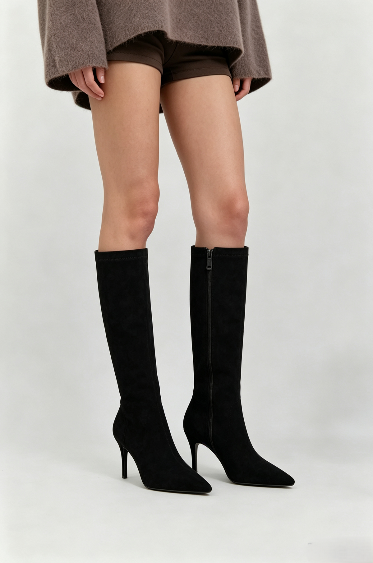 Bottes hautes effet suédine à talon fin - noir