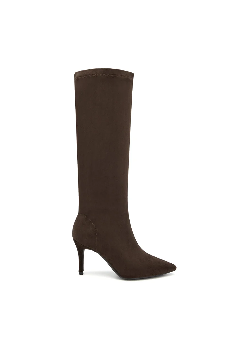 Bottes hautes effet suédine à talon fin - marron