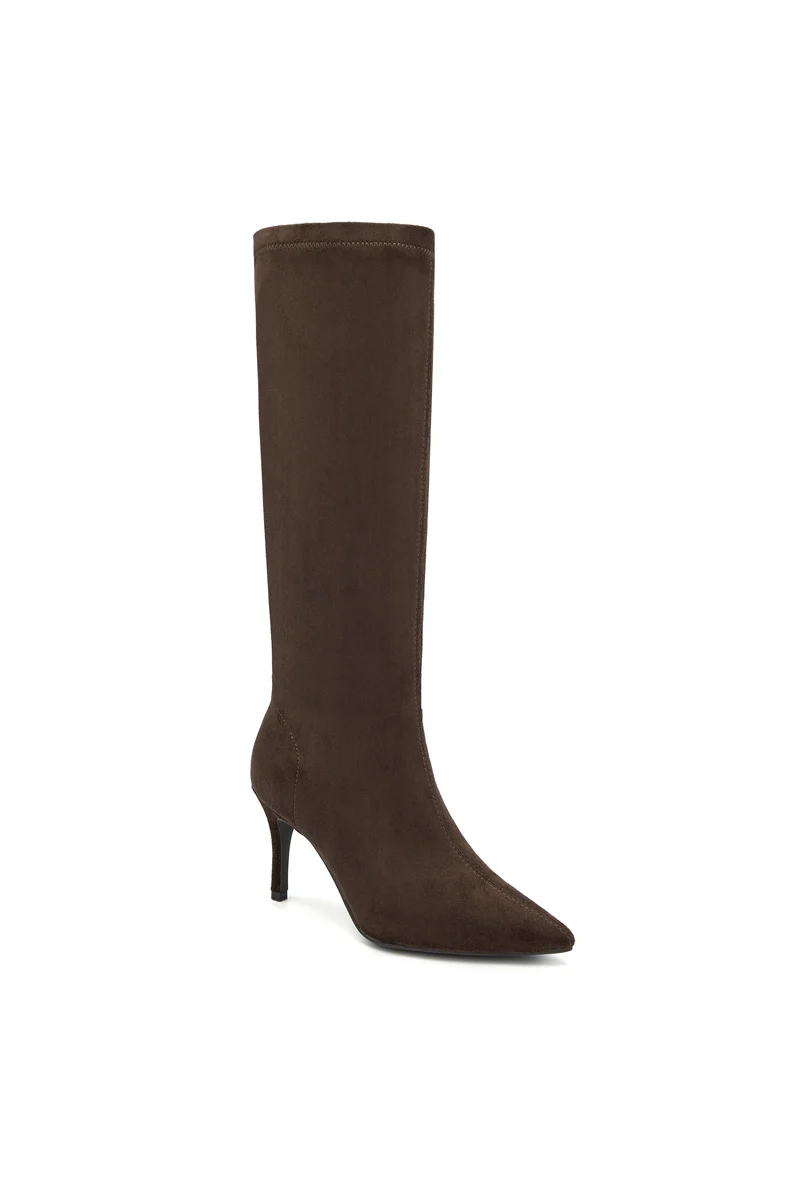 Bottes hautes effet suédine à talon fin - marron
