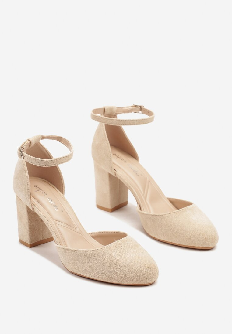 Escarpin avec bride bout rond talon large, Beige