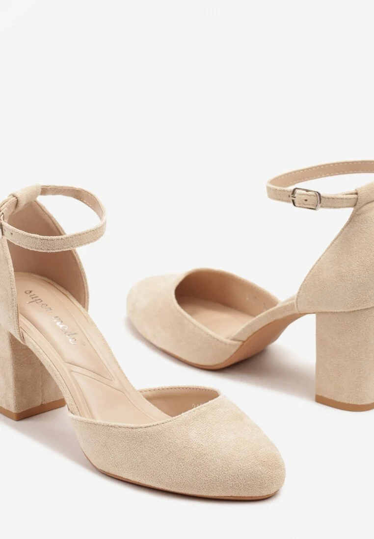 Escarpin avec bride bout rond talon large, Beige