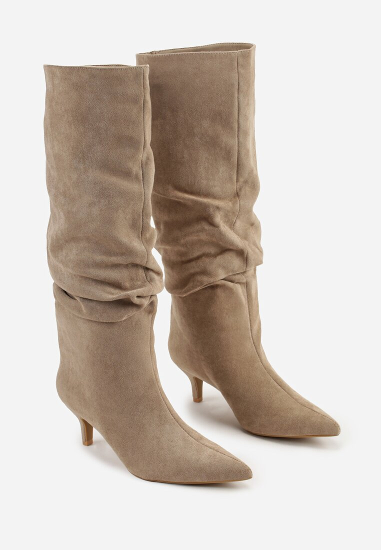 Botte Plissée à bout pointu à Talon, Beige