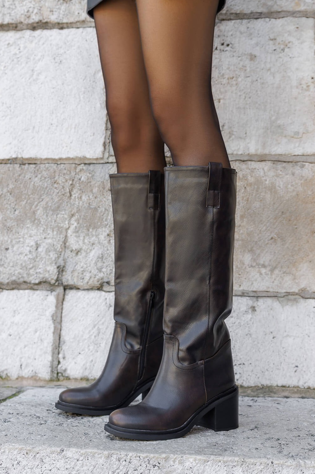 Bottes motard à talons bloc - marron