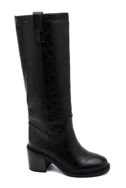 Bottes motard noires à talons bloc, effet croco