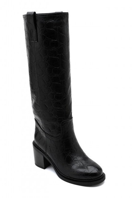Bottes motard noires à talons bloc, effet croco