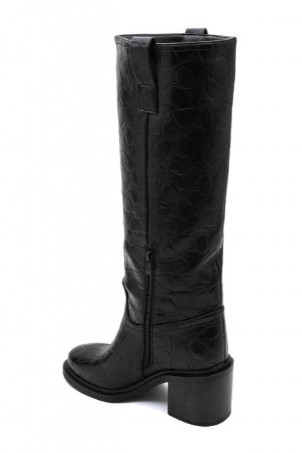 Bottes motard noires à talons bloc, effet croco