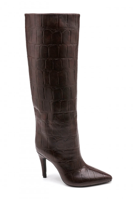 Bottes Marron effet croco à talon aiguille et bout pointu