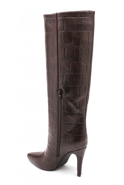 Bottes Marron effet croco à talon aiguille et bout pointu