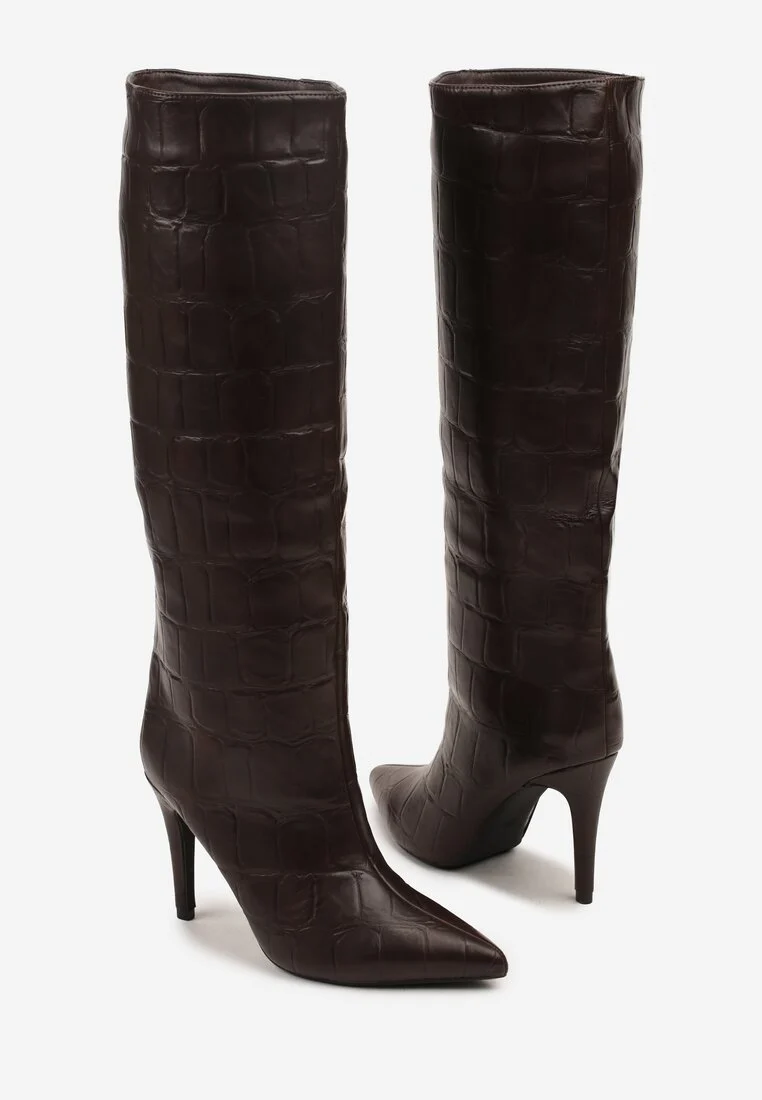 Bottes Marron effet croco à talon aiguille et bout pointu