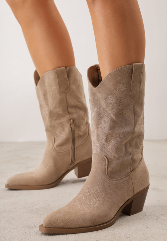 Bottines Santiags suédine style Cowboy mi Mollet - taupe