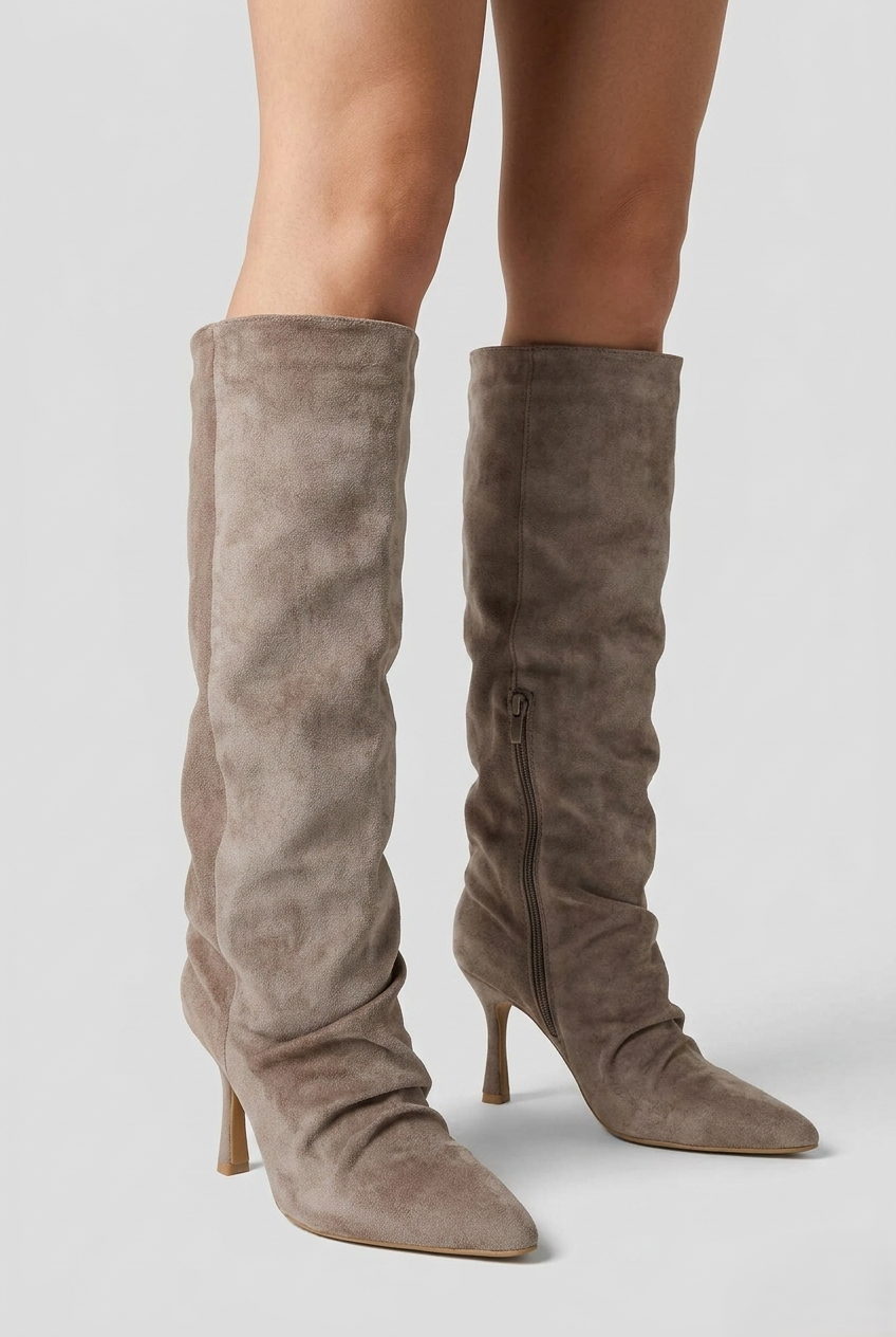 Bottes plissé à bout pointu talon aiguille, Taupe