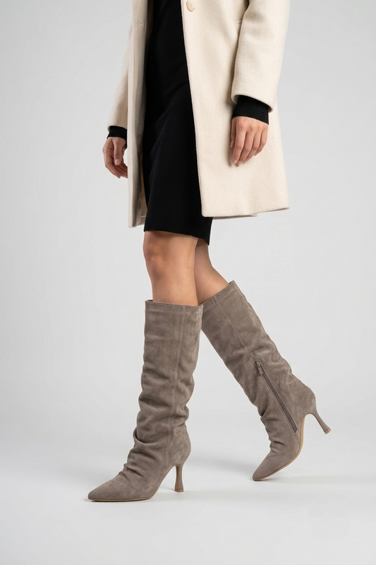 Bottes plissé à bout pointu talon aiguille - Taupe