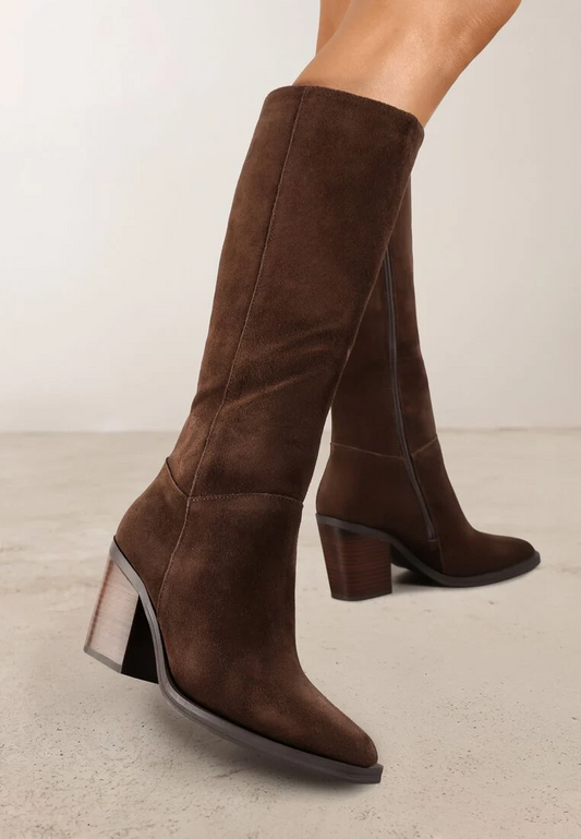 Bottes hautes cavalières à talon bloc, en cuir suédé - brown