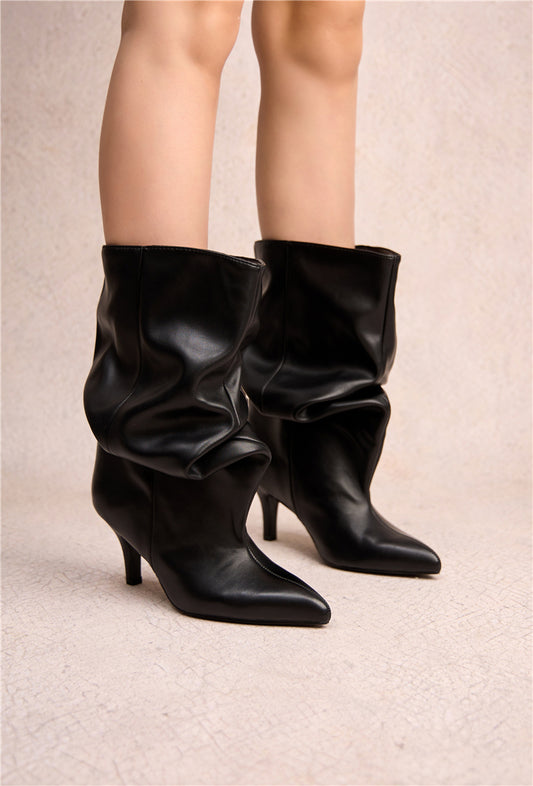 Bottines souple plissé bout pointu à talon, Noir