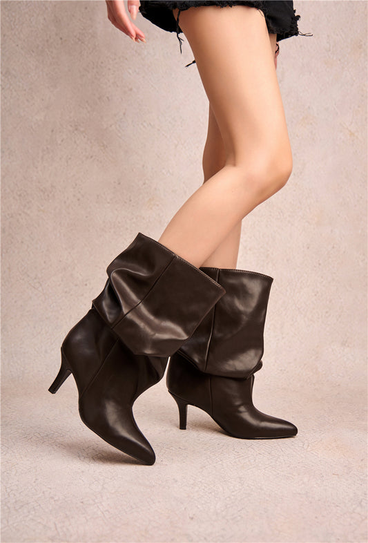 Bottines souple plissé bout pointu à talon - marron