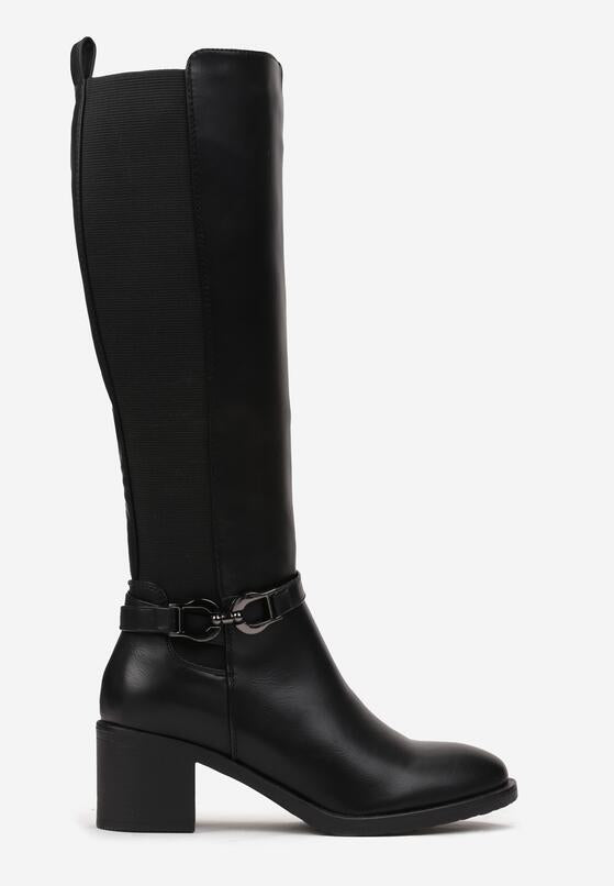 Bottes cavalières à talon carré avec bride, Noire