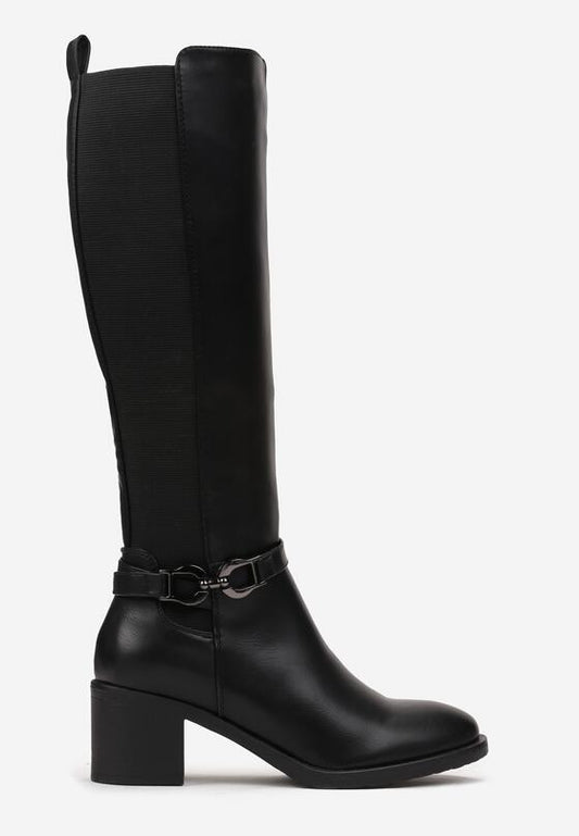 Bottes cavalières à talon carré avec bride, Noire